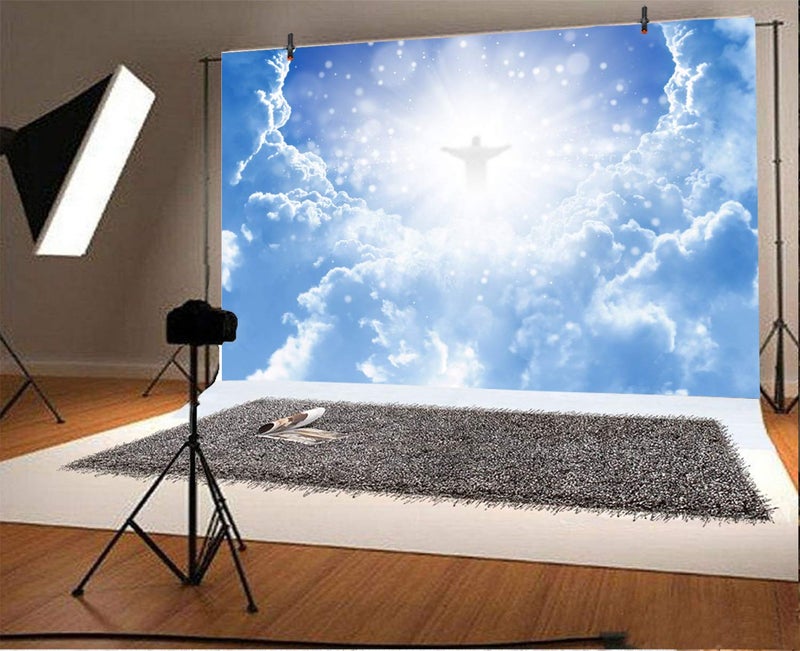 Leyiyi 10x8ft Jesus Christ in Sky Photography Background Paradise God Place Heaven Cloud Bokeh Spot Sacred Banner Backdrop Merry Christmas Baptism Kids Birthday Photo Portrait Vinyl Studio Prop - Image 2